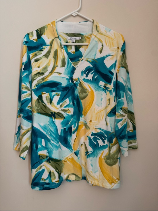 Chico's Tops - Chico’s Watercolor Abstract Top 3/4 Sleeve Women’s Size 2 US Large Blue Yellow